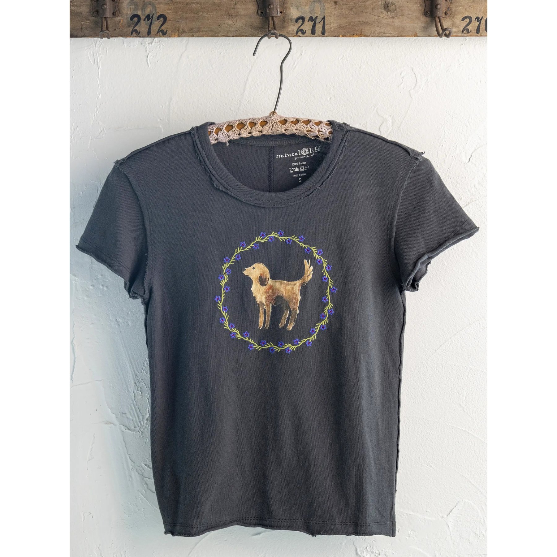 Natural Life Printed Dog Embroidered Baby Tee, Charcoal, Large