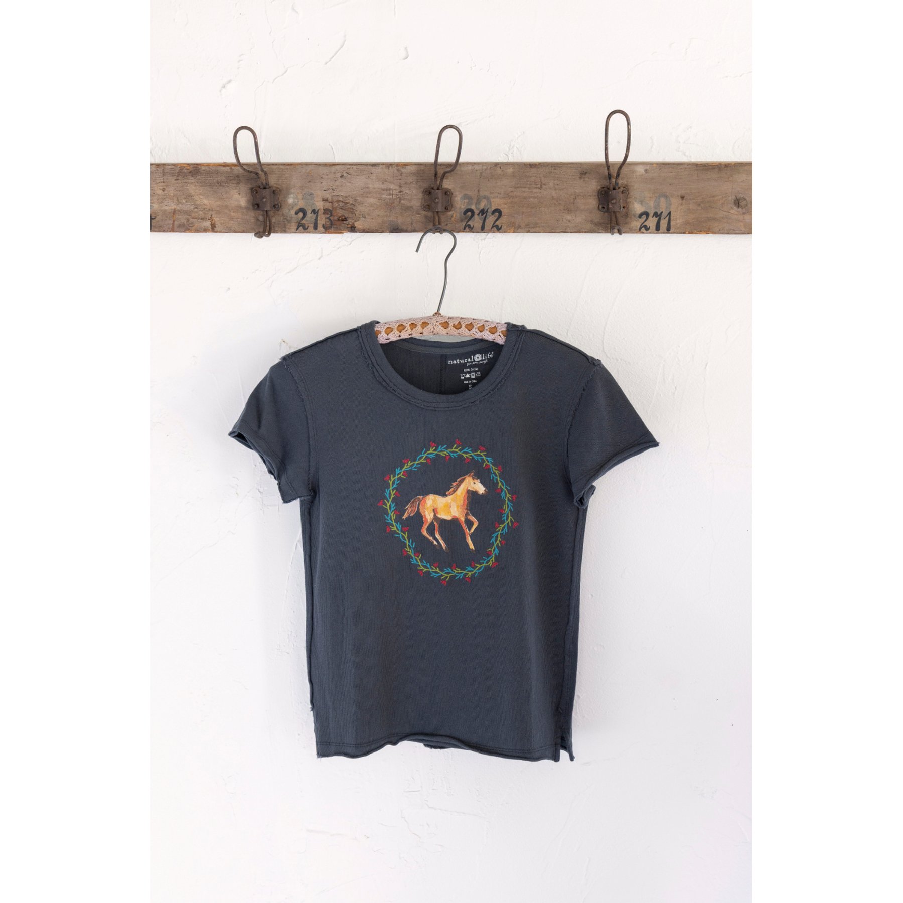 Natural Life Printed Horse Embroidered Baby Tee, Charcoal, X-Small