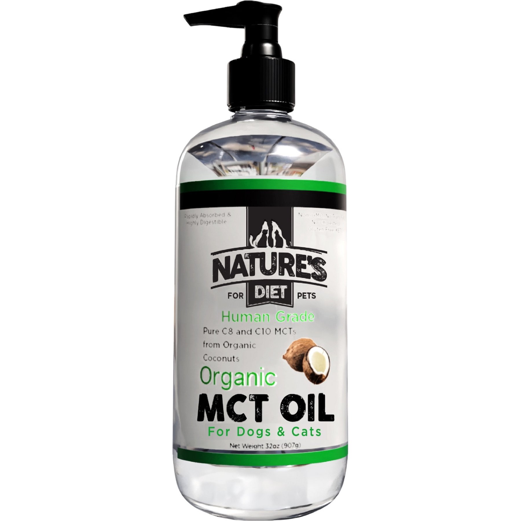 Nature's Diet Organic MCT Oil Premium C8 & C10 MCTs Adult Human Grade Coconut Wet Dog Food Topper, 16-oz jar with 32-oz Pump Bottle