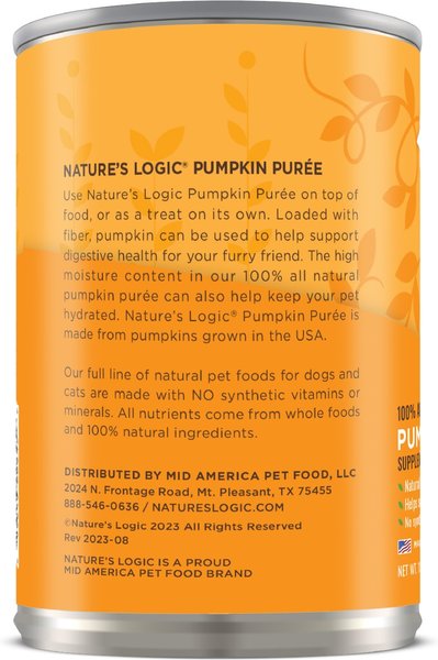Show full view: Nature's Logic 100% Natural Pumpkin Purée Dog & Cat Food Supplement, 15-oz can, 12 pack slide 2 of 9