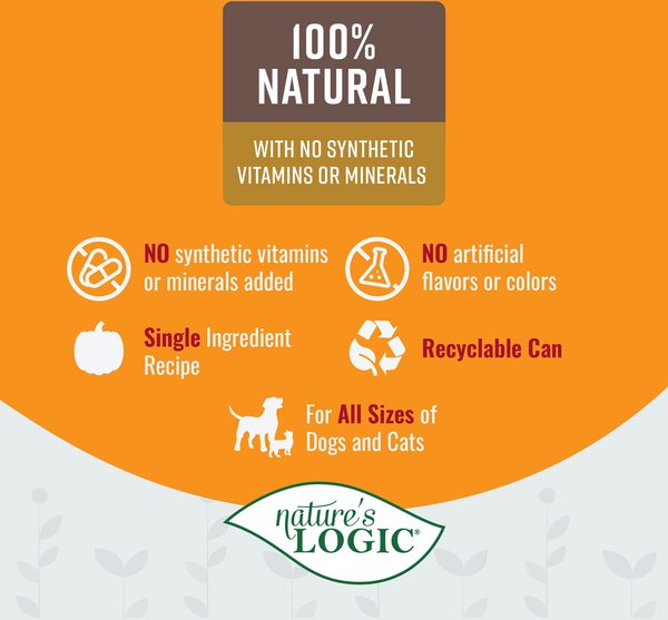 Show full view: Nature's Logic 100% Natural Pumpkin Purée Dog & Cat Food Supplement, 15-oz can, 12 pack slide 4 of 9
