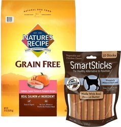 Nature's Recipe Grain-Free Salmon, Sweet Potato & Pumpkin Recipe Dry Food + SmartBones SmartSticks Peanut Butter Chews Dog Treats