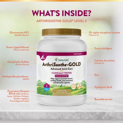 Show full view: NaturVet Advanced Care ArthriSoothe-GOLD Chewable Tablets Joint Supplement for Cats & Dogs, 240 count slide 6 of 11