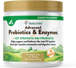 NaturVet Advanced Probiotics & Enzymes Plus Vet Strength PB6 Probiotic Powder Digestive Supplement for Cats & Dogs, 4-oz jar