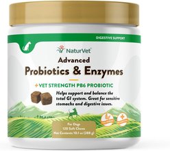 NaturVet Advanced Probiotics & Enzymes Plus Vet Strength PB6 Probiotic Soft Chews Digestive Supplement for Dogs, 120 count