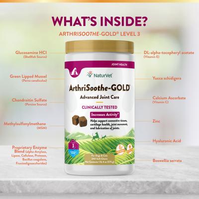 Show full view: NaturVet ArthriSoothe-GOLD Level 3 MSM & Glucosamine Joint Supplement for Dogs & Cats, 240 count slide 6 of 10