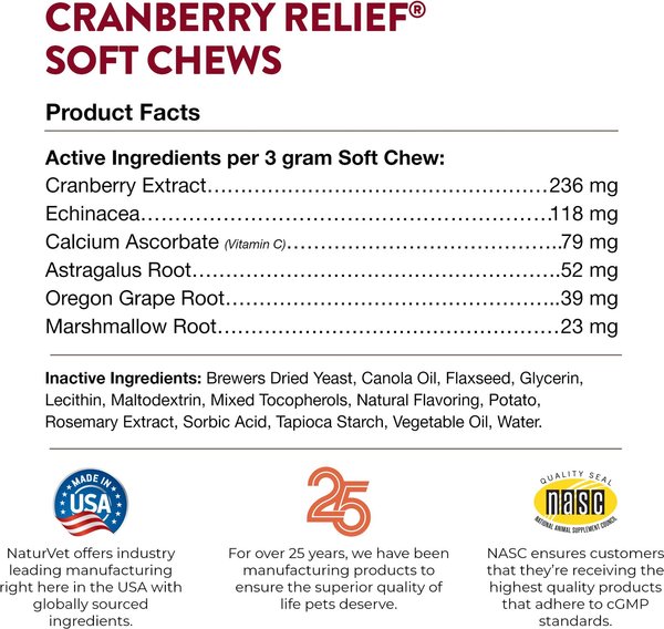 Show full view: NaturVet Cranberry Relief Urinary Care Bacon & Chicken Flavored Soft Chew Supplement for Dogs, 60 count slide 8 of 9