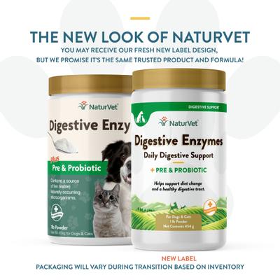 Show full view: NaturVet Digestive Enzymes Plus Pre & Probiotic Powder Supplement for Dogs & Cats, 1-lb jar slide 3 of 12