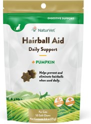 NaturVet Hairball Help! Digestion Pumpkin Flavored Soft Chew Supplements for Cats, 50 count