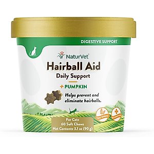 NaturVet Hairball Help! Digestion Pumpkin Flavored Soft Chew Supplements for Cats, 60 count