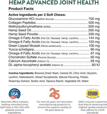 Show full view: NaturVet Joint Care Plus with Hemp Hip & Joint Hickory Smoked Bacon Flavored Soft Chew Supplement for Dogs, 120 count slide 8 of 9