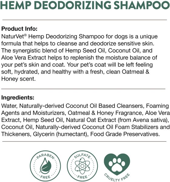 Show full view: NaturVet Hemp Deodorizing Dog Shampoo with Oatmeal & Honey, 16-fl oz bottle slide 7 of 8