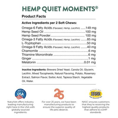 Show full view: NaturVet Hemp Quiet Moments Soft Chews Calming Supplement for Cats, 60 count slide 9 of 10