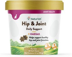 NaturVet Hip & Joint Plus Omegas Soft Chews Joint Supplement for Cats, 60 count