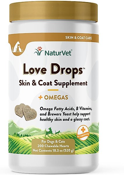 Show full view: NaturVet Love Drops Plus Omegas Peanut Butter Flavored Chewable Tablets Skin & Coat Supplement for Cats & Dogs, 200 count slide 1 of 6