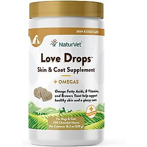 NaturVet Love Drops Plus Omegas Peanut Butter Flavored Chewable Tablets Skin & Coat Supplement for Cats & Dogs, 200 count