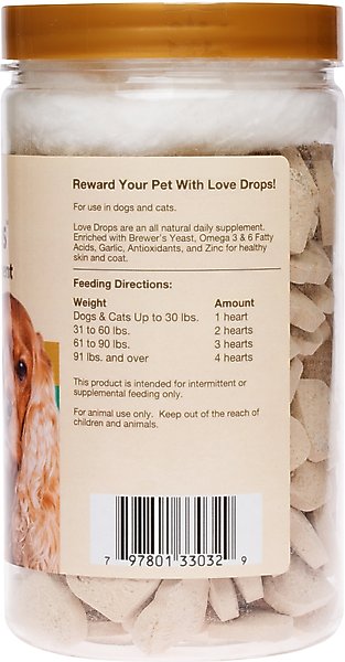 Show full view: NaturVet Love Drops Plus Omegas Peanut Butter Flavored Chewable Tablets Skin & Coat Supplement for Cats & Dogs, 200 count slide 2 of 6