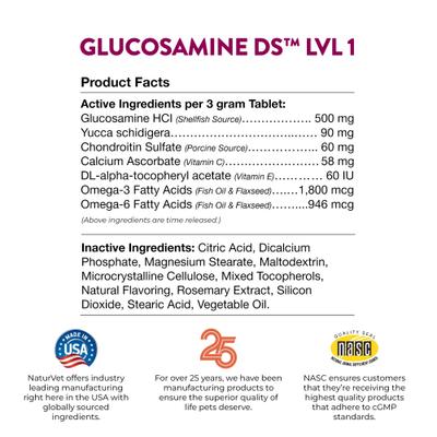 Show full view: NaturVet Maintenance Care Glucosamine DS Chewable Tablets Joint Supplement for Dogs & Cats, 240 count slide 9 of 10