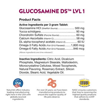 Show full view: NaturVet Maintenance Care Glucosamine DS Chewable Tablets Joint Supplement for Dogs & Cats, 60 count slide 9 of 10