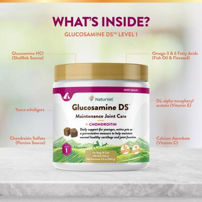 Show full view: NaturVet Maintenance Care Glucosamine DS Soft Chews Joint Supplement for Dogs & Cats, 120 count slide 6 of 10
