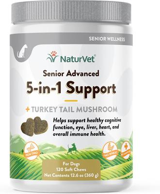 Show full view: NaturVet Senior Advanced 5-in-1 Support Turkey Tail Mushroom, Ginko Biloba, Coenzyme Q10 & Lutien Dog Supplement, 120 count slide 1 of 5