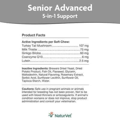 Show full view: NaturVet Senior Advanced 5-in-1 Support Turkey Tail Mushroom, Ginko Biloba, Coenzyme Q10 & Lutien Dog Supplement, 120 count slide 3 of 5