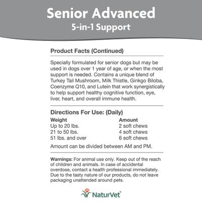 Show full view: NaturVet Senior Advanced 5-in-1 Support Turkey Tail Mushroom, Ginko Biloba, Coenzyme Q10 & Lutien Dog Supplement, 120 count slide 4 of 5