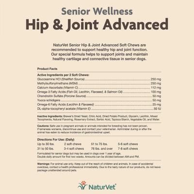 Show full view: NaturVet Senior Wellness Hip & Joint Advanced Glucosamine, Chondroitin & MSM Plus Omegas Dog Supplement, 120 count slide 5 of 6