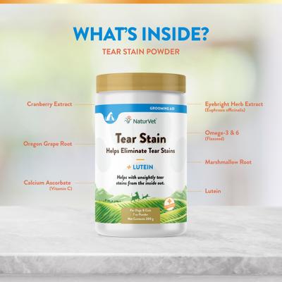 Show full view: NaturVet Tear Stain Plus Lutein Powder Vision Supplement for Cats & Dogs, 200-g bottle slide 7 of 11