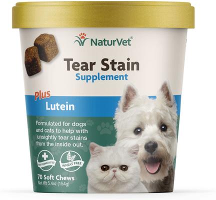 Show full view: NaturVet Tear Stain Plus Lutein Soft Chews Vision Supplement, 70 count + Remover Dog & Cat Liquid Topical Formula, 4-oz bottle slide 2 of 9