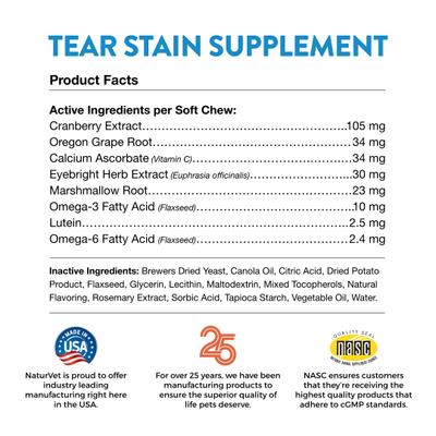 Show full view: NaturVet Tear Stain Plus Lutein Soft Chews Vision Supplement, 70 count + Remover Dog & Cat Liquid Topical Formula, 4-oz bottle slide 3 of 9