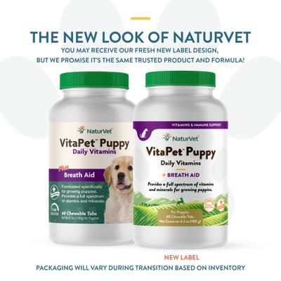 Show full view: NaturVet VitaPet Puppy Plus Breath Aid Chewable Tablets Multivitamin for Dogs, 60 count slide 3 of 11