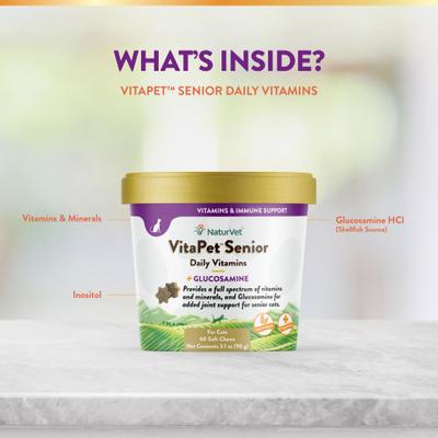 Show full view: NaturVet VitaPet Senior Daily Vitamins Plus Glucosamine Cat Supplement, 60 count slide 6 of 11