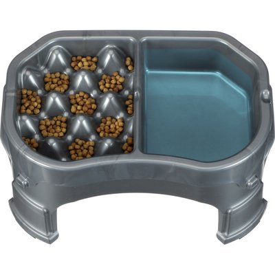 Neater Pets Neater Pets Adjustable Non-Skid Plastic Slow Feeder Double Diner Dog & Cat Food & Water Bowl, 2.5-cup & 8.5-cup, Gunmetal Grey