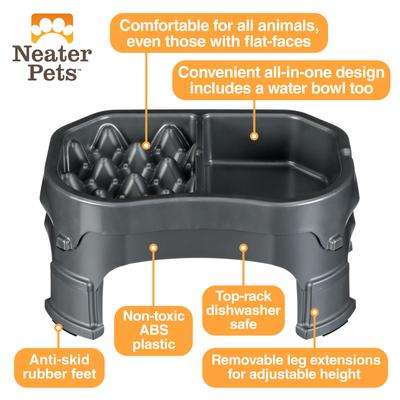 Show full view: Neater Pets Adjustable Non-Skid Plastic Slow Feeder Double Diner Dog & Cat Food & Water Bowl, 2.5-cup & 8.5-cup, Gunmetal Grey slide 4 of 10