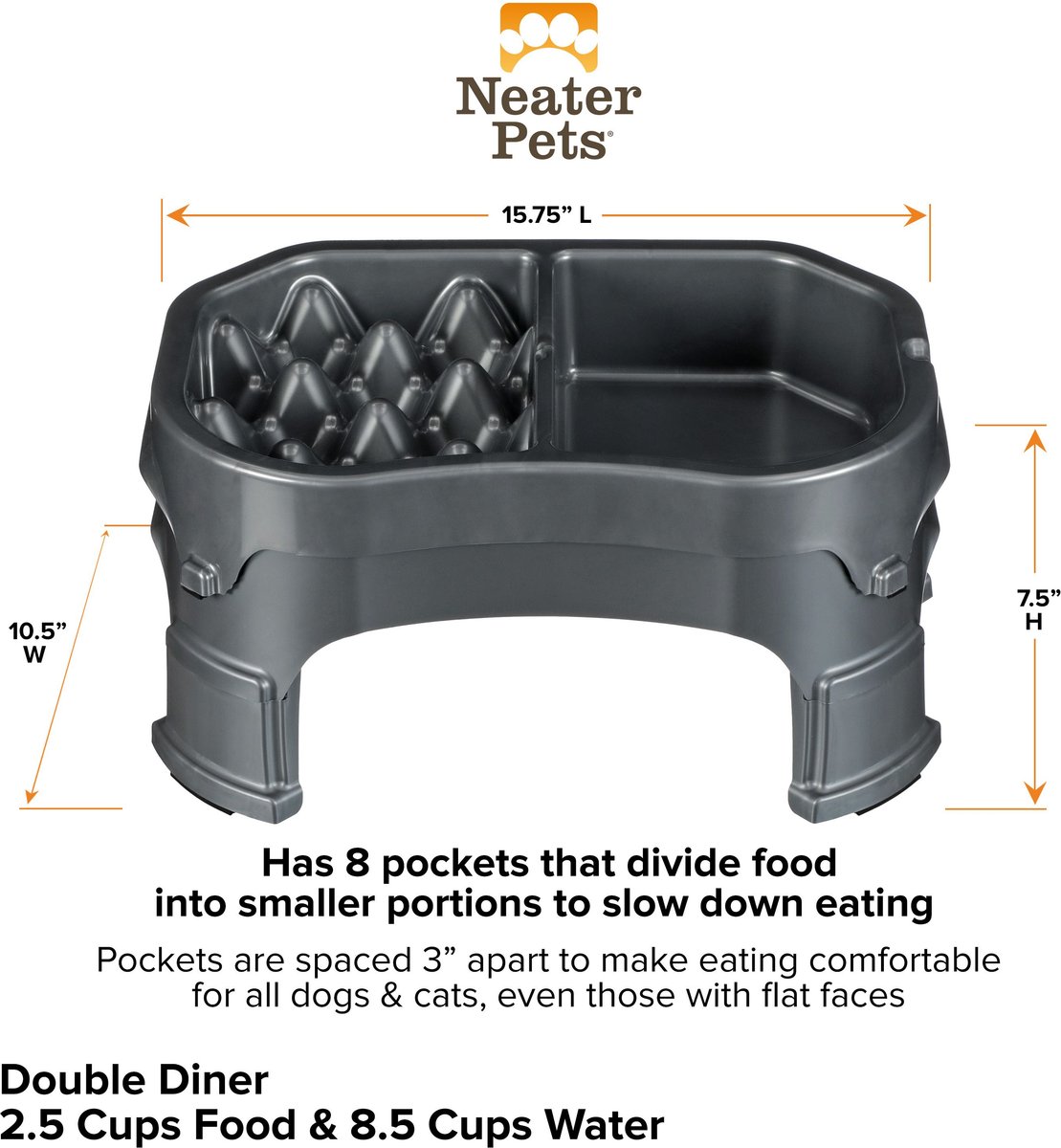 Neater Pets Adjustable Non-Skid Plastic Slow Feeder Double Diner Dog & Cat Food & Water Bowl, 2.5-cup & 8.5-cup