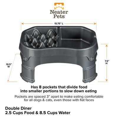 Show full view: Neater Pets Adjustable Non-Skid Plastic Slow Feeder Double Diner Dog & Cat Food & Water Bowl, 2.5-cup & 8.5-cup, Gunmetal Grey slide 7 of 10