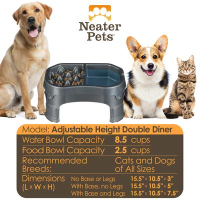 Show full view: Neater Pets Adjustable Non-Skid Plastic Slow Feeder Double Diner Dog & Cat Food & Water Bowl, 2.5-cup & 8.5-cup, Gunmetal Grey slide 2 of 10