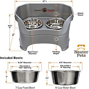 Neater Pets Neater Feeder Deluxe Elevated & Mess-Proof Dog Bowls, Gunmetal Grey, 7-cup & 9-cup