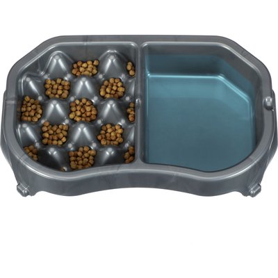 Neater Pets Neater Pets Standard Non-Skid Plastic Slow Feeder Double Diner Dog & Cat Food & Water Bowl, 2.5-cup & 8.5-cup, Gunmetal Grey