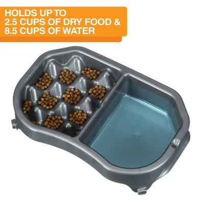 Show full view: Neater Pets Standard Non-Skid Plastic Slow Feeder Double Diner Dog & Cat Food & Water Bowl, 2.5-cup & 8.5-cup, Gunmetal Grey slide 2 of 6