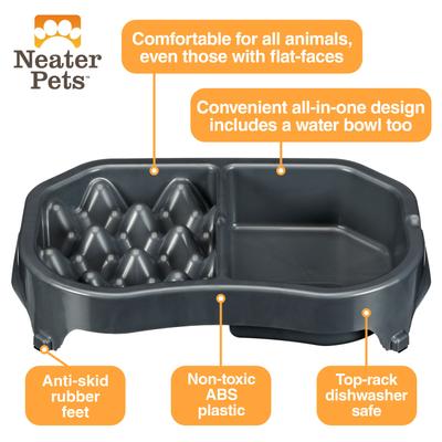 Show full view: Neater Pets Standard Non-Skid Plastic Slow Feeder Double Diner Dog & Cat Food & Water Bowl, 2.5-cup & 8.5-cup, Gunmetal Grey slide 4 of 6