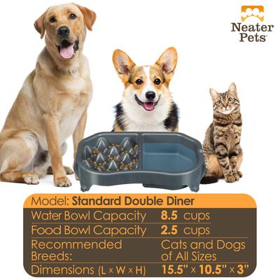 Show full view: Neater Pets Standard Non-Skid Plastic Slow Feeder Double Diner Dog & Cat Food & Water Bowl, 2.5-cup & 8.5-cup, Gunmetal Grey slide 3 of 6