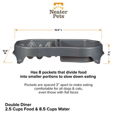Show full view: Neater Pets Standard Non-Skid Plastic Slow Feeder Double Diner Dog & Cat Food & Water Bowl, 2.5-cup & 8.5-cup, Gunmetal Grey slide 5 of 6