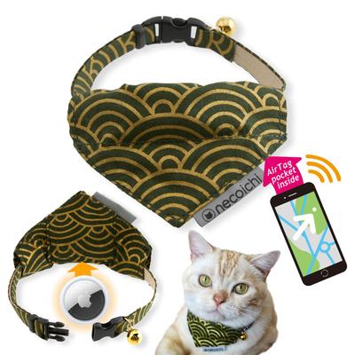 Show full view: Necoichi Bandana Cat Collar with Air Tag Pocket, One Size, Green slide 1 of 10
