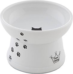 Necoichi Ceramic Elevated Cat Food Bowl, White Paw Print, 1-cup