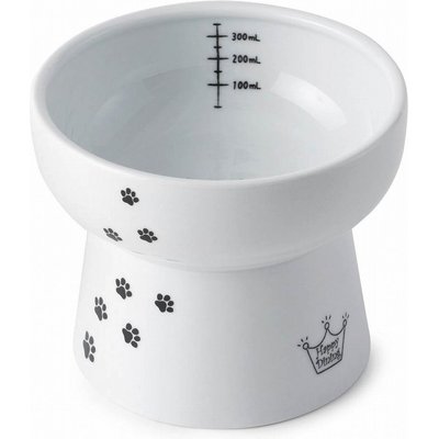 Necoichi Necoichi Ceramic Elevated Cat Water Bowl, White Paw Print, Extra Tall, 12.2-oz, Whisker Relief