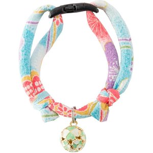 Necoichi Chirimen Clover Breakaway Cat Collar with Bell, Baby Blue, 8.2 to 13.7-in neck, 2/5-in wide