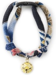 Necoichi Chirimen Clover Breakaway Cat Collar with Bell, Navy, 8.2 to 13.7-in neck, 2/5-in wide