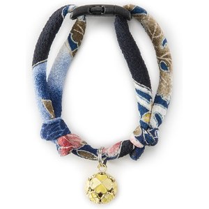 Necoichi Chirimen Clover Breakaway Cat Collar with Bell, Navy, 8.2 to 13.7-in neck, 2/5-in wide
